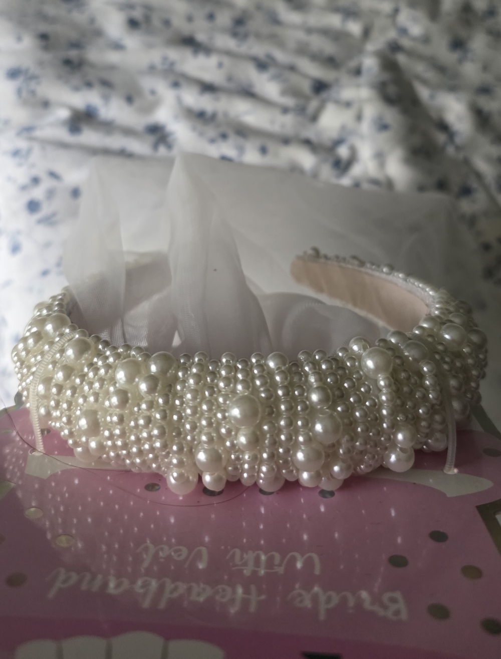 Faux Pearl Embellished Bridal Headband with Veil - White